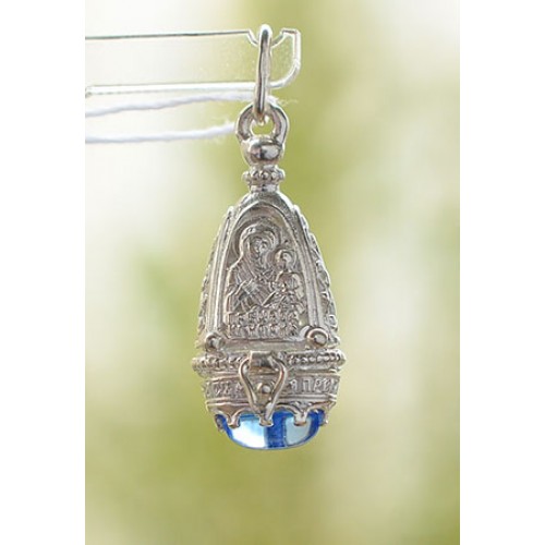 Серебряная ладанка Богородица Одигитрия с ярко-голубым фианитом 16223