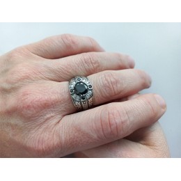 Широкое мужское кольцо православное с черными фианитами молитва Спаси и сохрани 19020