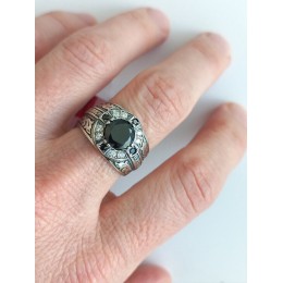 Широкое мужское кольцо православное с черными фианитами молитва Спаси и сохрани 19020
