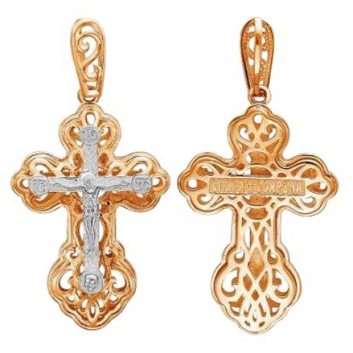 Крест православный серебряный двойной ажурный с позолотой 45651