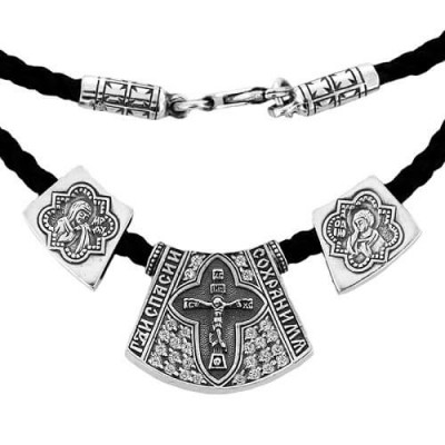 Православное украшение из серебра на шнурке с серебряной застежкой