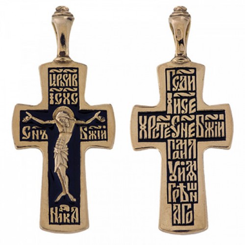 Мужской серебряный крест с позолотой и эмалью Иисусова молитва 46266