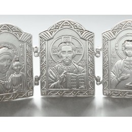 Икона серебряная складень трехстворчатый Пантелеимон Казанская 16528