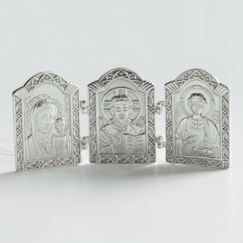 Икона серебряная складень трехстворчатый Пантелеимон Казанская 16528