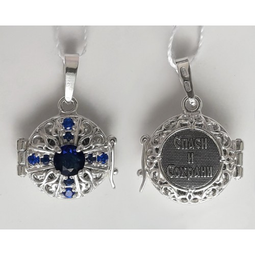 Мощевик нательный серебряный с Казанской Богородицей украшен темно синими фианитами 11042