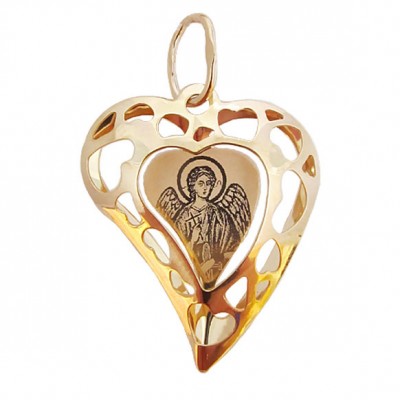 Золотой кулон сердце Ангел Хранитель объемный 17844