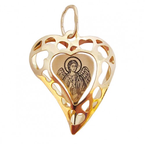Золотой кулон сердце Ангел Хранитель объемный 17844
