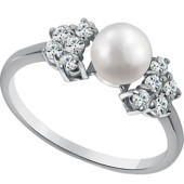 Серебряное женское кольцо с фианитами и жемчугом 17607