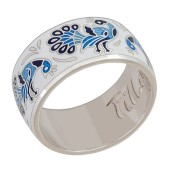 Серебряное кольцо с белой эмалью и молитвой