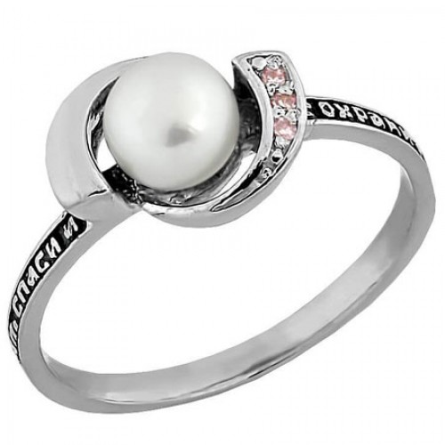 Серебряное кольцо с жемчугом молитвой 40564