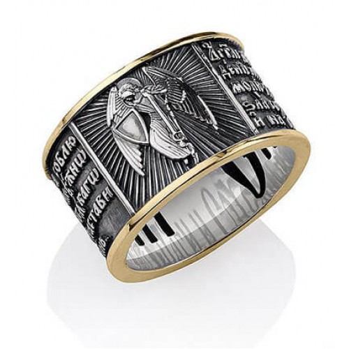 Широкое серебряное кольцо с позолотой Ангел 43788