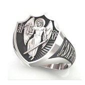 Серебряная печатка широкое кольцо Ангел на щите "Спаси и Сохрани", арт 44180