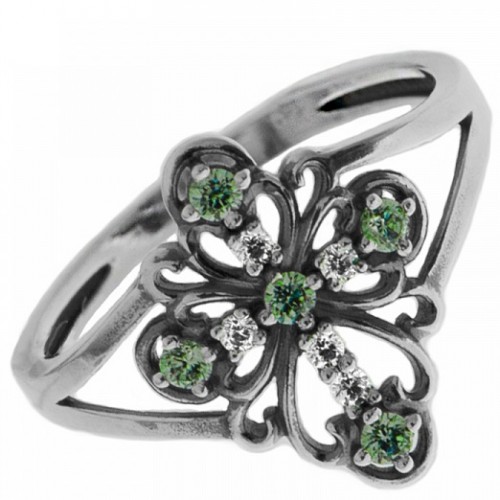 Кольцо с зелеными камнями "Крест" из серебра 44418