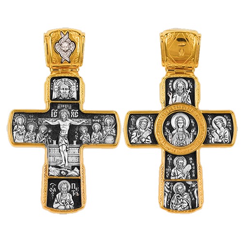 Серебряный крест с позолотой Знамение Божия Матерь Илия Пророк Иоанн Креститель Спас Нерукотворный 343382
