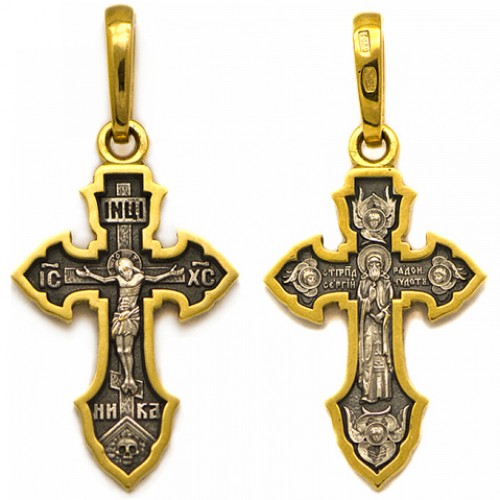 Серебряный крестик с позолотой Сергий Радонежский 12053
