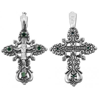 Маленький серебряный крестик зеленые фианиты 28074