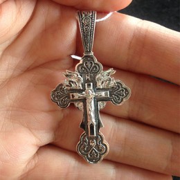 Православный крест серебряный с предстоящими ангелами подарок на крестины 29162