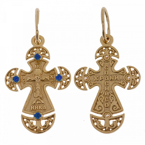 Серебряный крест с позолотой и синими фианитами 298188