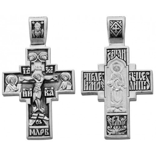 Прямой серебряный крест нательный Пантелеимон 38148