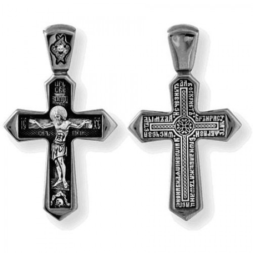 Прямой серебряный с чернением крест Распятие Христово 38164