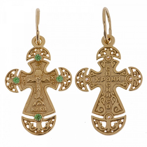 Позолоченный крестик серебряный женский с зелеными фианитами