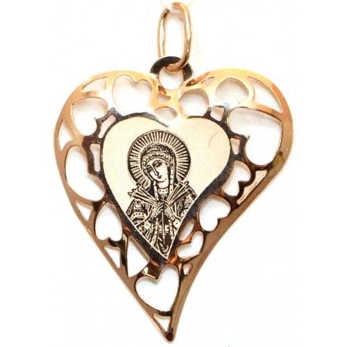 Золотой кулон сердце с иконой Семистрельная 16074