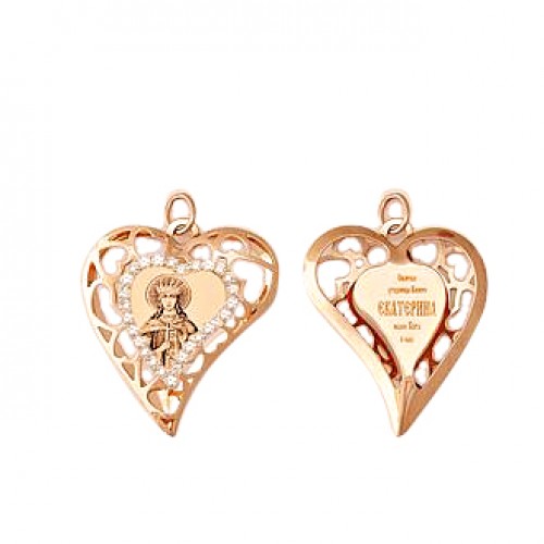 Золотой кулон сердце с иконой святая Екатерина