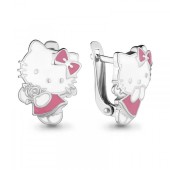 Серебряные детские серьги Hello Kitty в розовом платье с розочкой, арт. 342246