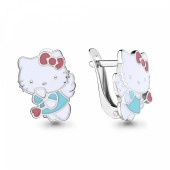 Серебряные детские серьги Hello Kitty в голубом платье с розовыми сердечками, арт. 346608