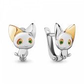 Серебряные серьги детские "Кошки" с зелеными нано-фианитами, арт. 346621