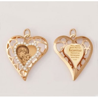 Золотой кулон сердце с иконой Казанская 15805